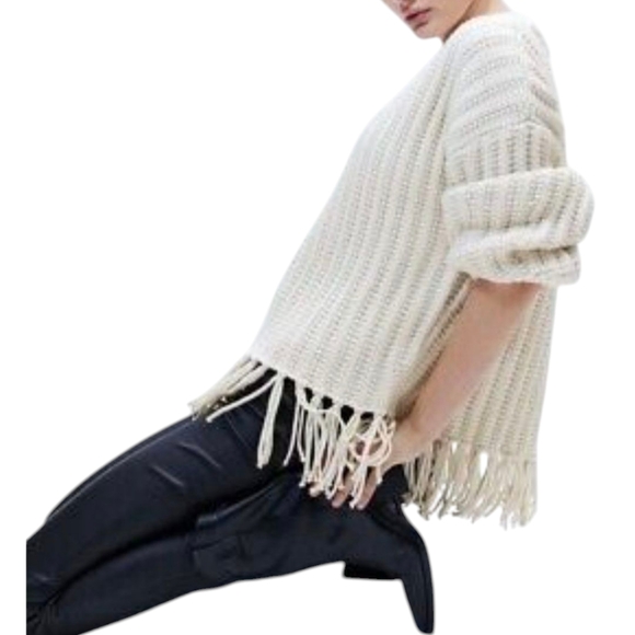 H&M Women's Fringe Knit Boho Sweater Long Sleeve Crew Neck Cream Small - Picture 2 of 16